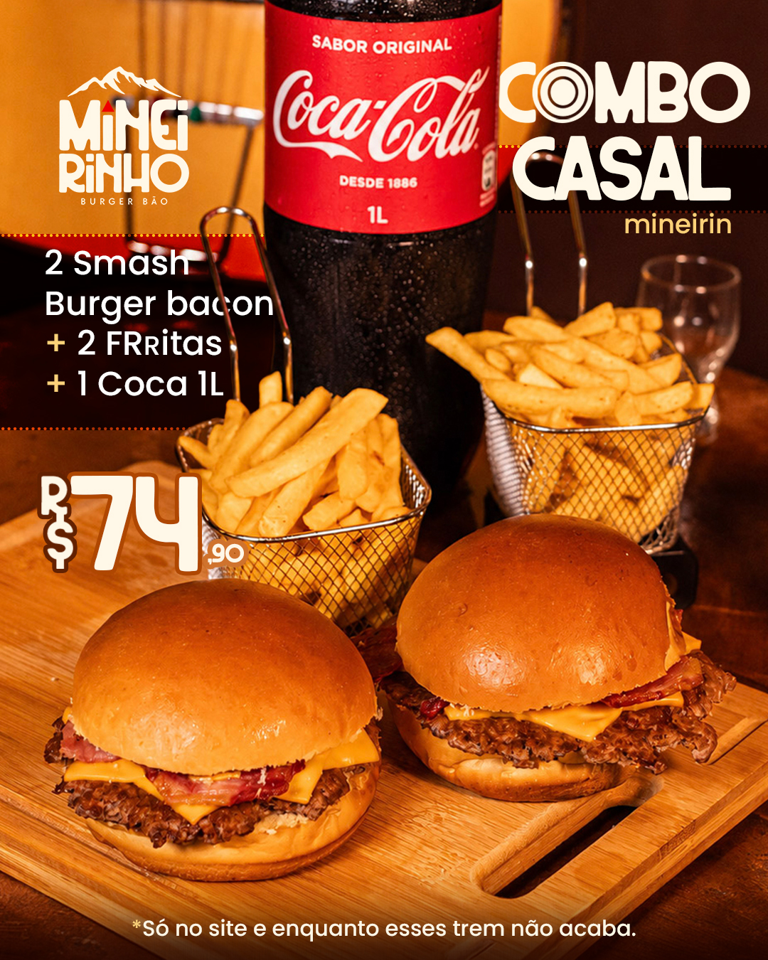 Combo Casal: 2 smash bacon + 2 fritas + Coca 1L por R$74,90